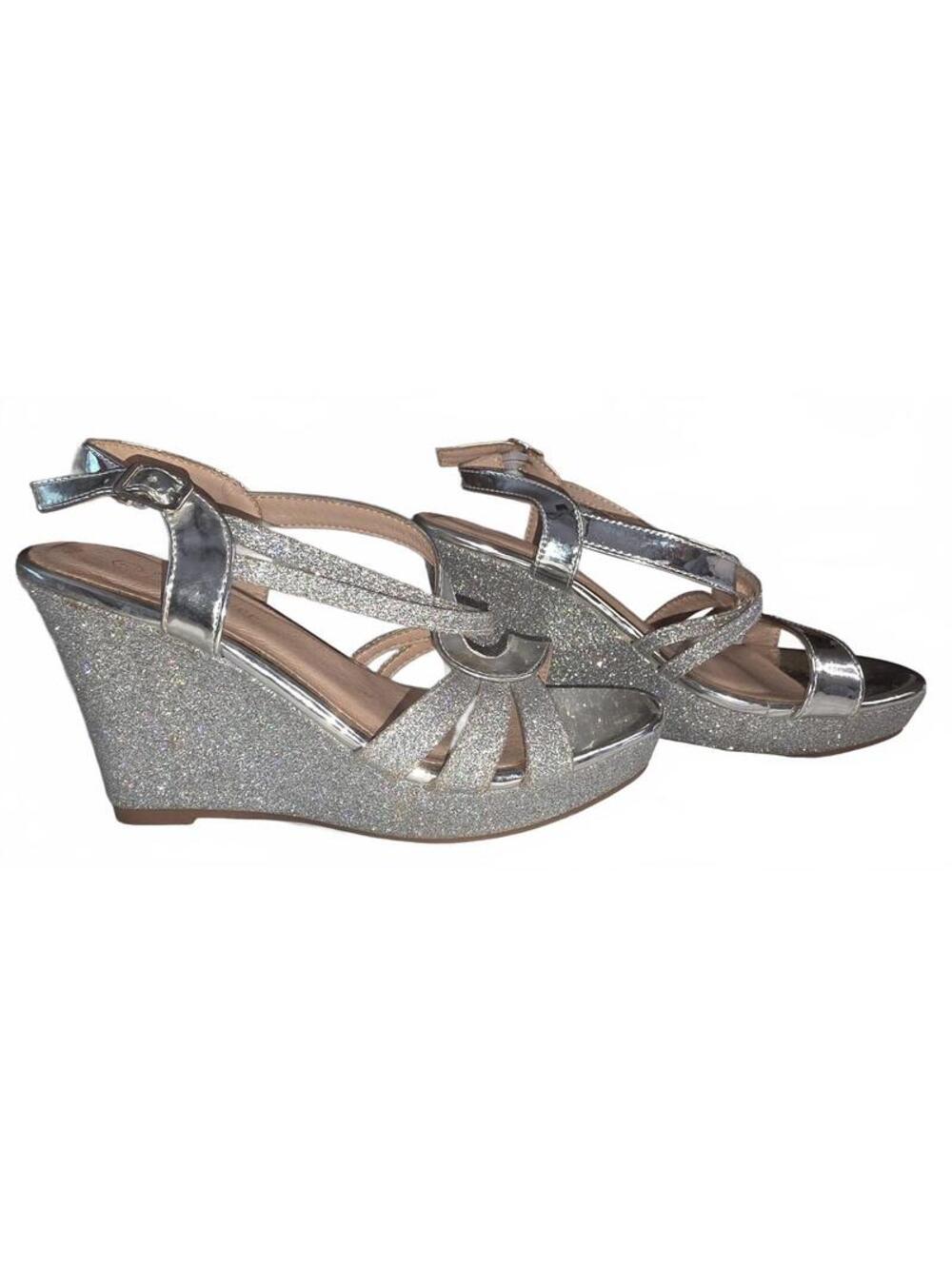 Forever Silver Glitter Wedge‎ Sandals with Ankle Strap ~ size 7